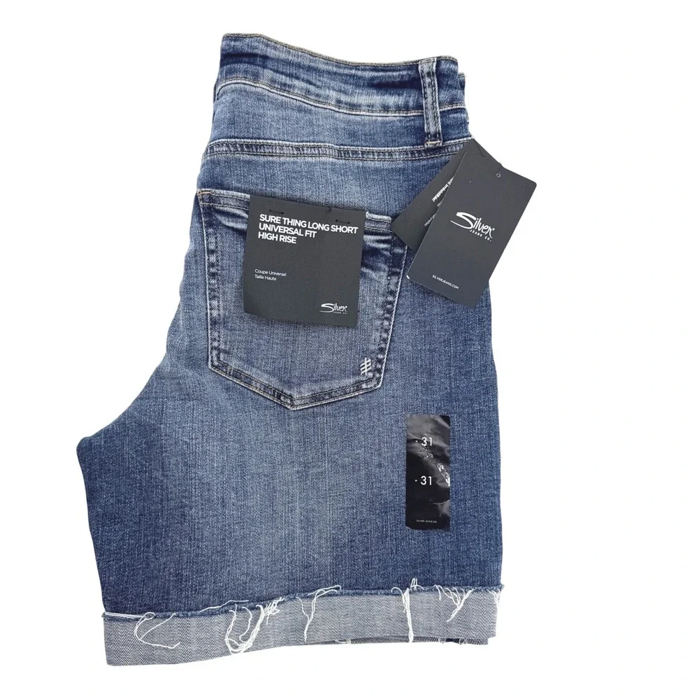 Silver Jeans Co Sure Thing Long Short Womens 31 Indigo NWT High Rise Distressed